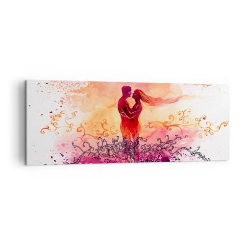 Impression sur toile - Image sur toile - Un couple s'embrassant sur un motif abstrait rose et orange - 140x50cm - Un coeur! Je n'ai pas besoin de beaucoup… - Décoration murale moderne pour le salon et la chambre ARTTOR