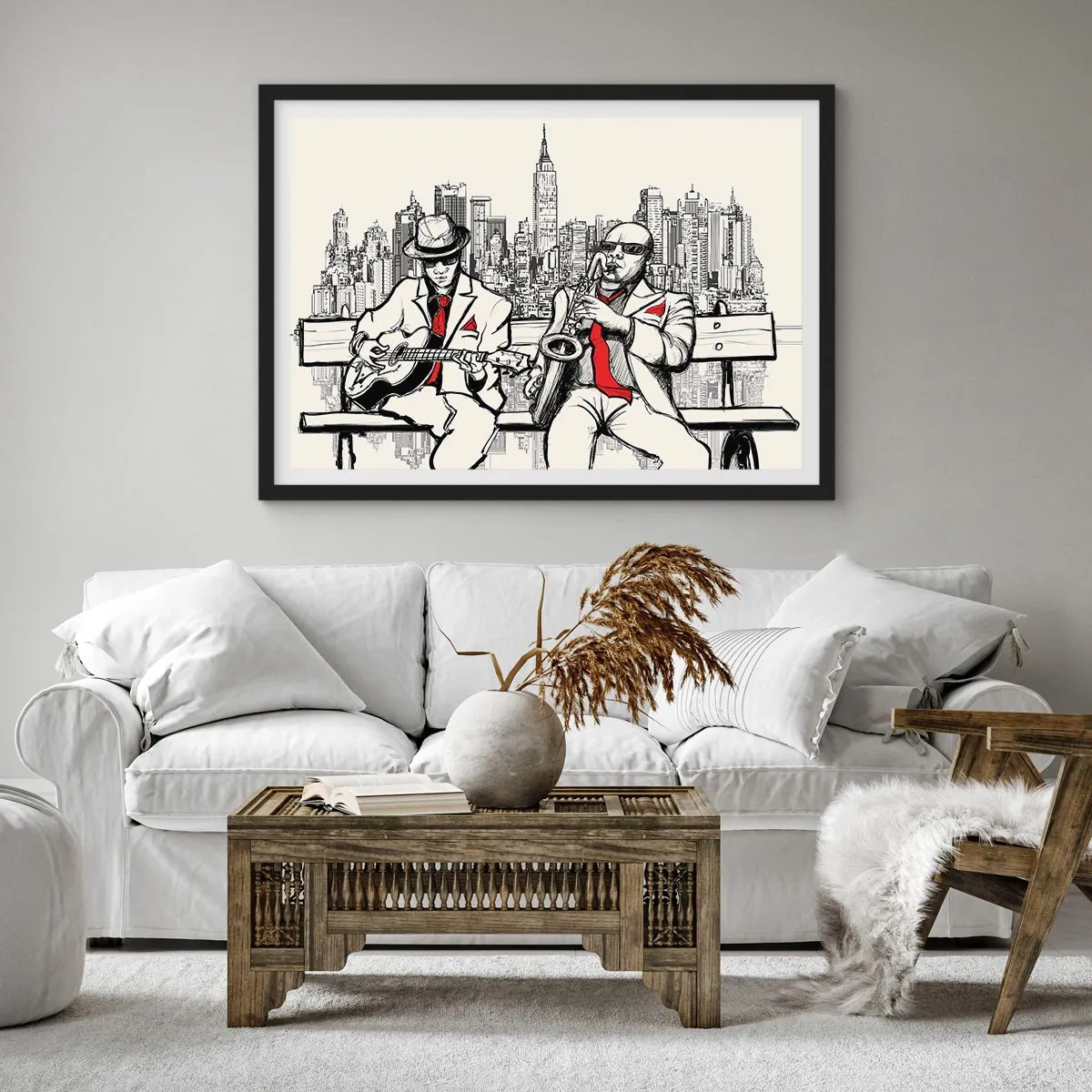 Affiche dans un cadre noir - Poster - Un duo de jazz avec saxophone et guitare sur fond de ville - 70x50cm - improvisation new-yorkaise - Décoration murale moderne pour le salon et la chambre ARTTOR