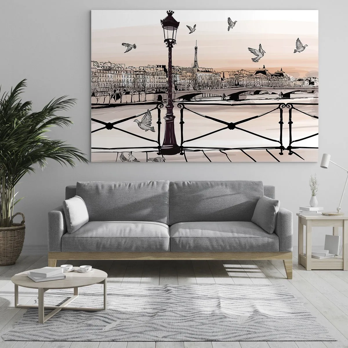 Impression sur verre - Image sur verre - Illustration d'une rue parisienne avec vue sur la Tour Eiffel à l'aube - 120x80cm - Sur les toits de Paris - Décoration murale moderne pour le salon et la chambre ARTTOR