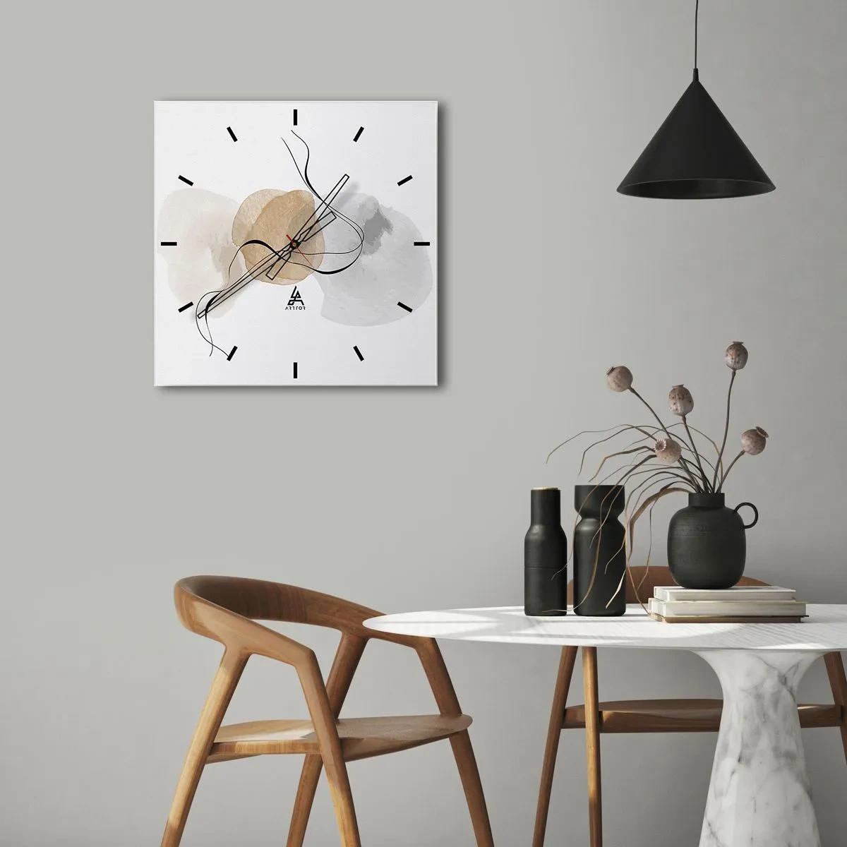 Horloge murale - Pendule murale - Abstraction minimaliste dans les tons beige et gris - 30x30cm - Perles d'air - Décoration murale moderne pour le salon et la chambre ARTTOR