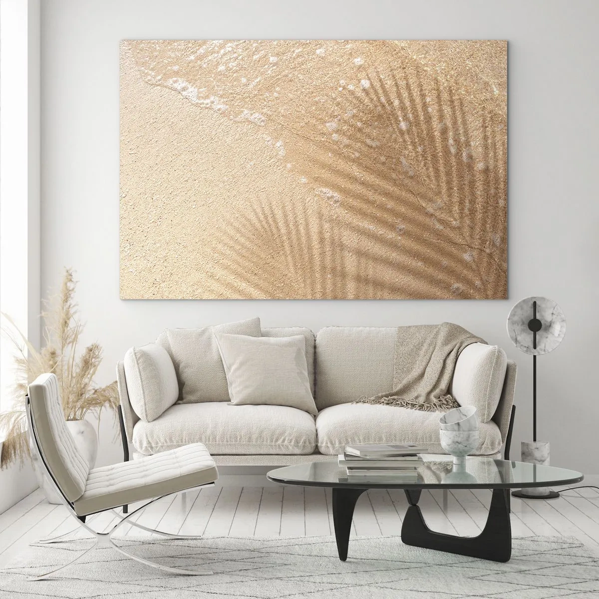 Impression sur verre - Image sur verre - Plage et ombre sur le sable - 70x50cm - Ombre d'un été chaud - Décoration murale moderne pour le salon et la chambre ARTTOR