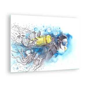 Impression sur verre - Image sur verre - Plongeur sous-marin avec des poissons en aquarelle artistique - 70x50cm - Le grand bleu - Décoration murale moderne pour le salon et la chambre ARTTOR