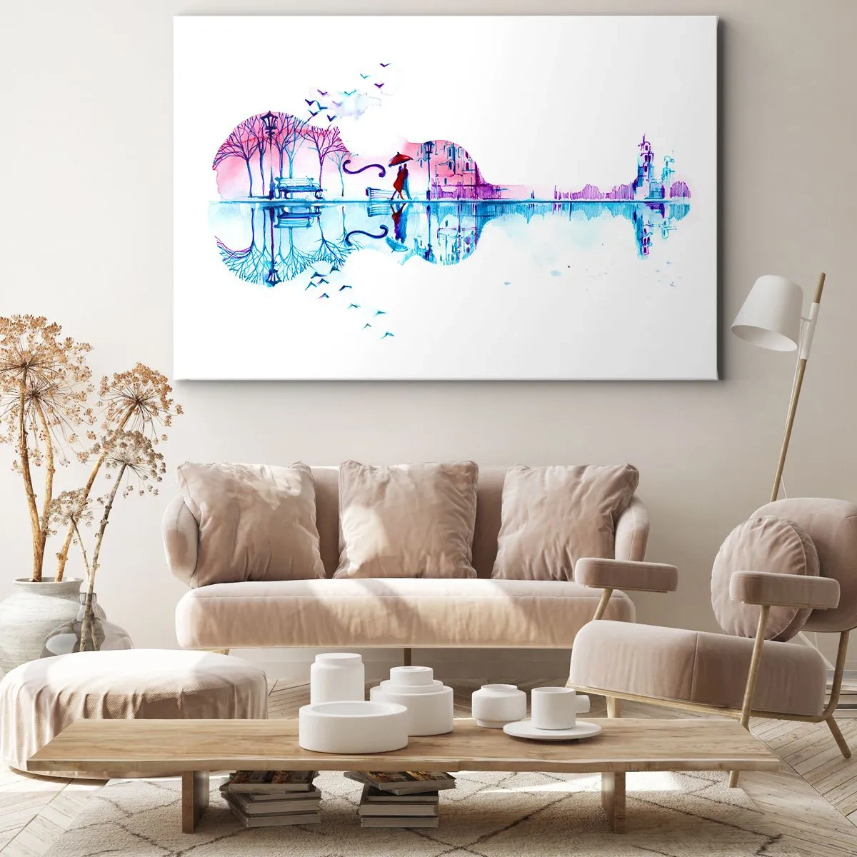Impression sur toile - Image sur toile - Silhouette de ville en forme de violon aux couleurs aquarelles - 70x50cm - Je vous apporterai de cantiques de pluie - Décoration murale moderne pour le salon et la chambre ARTTOR