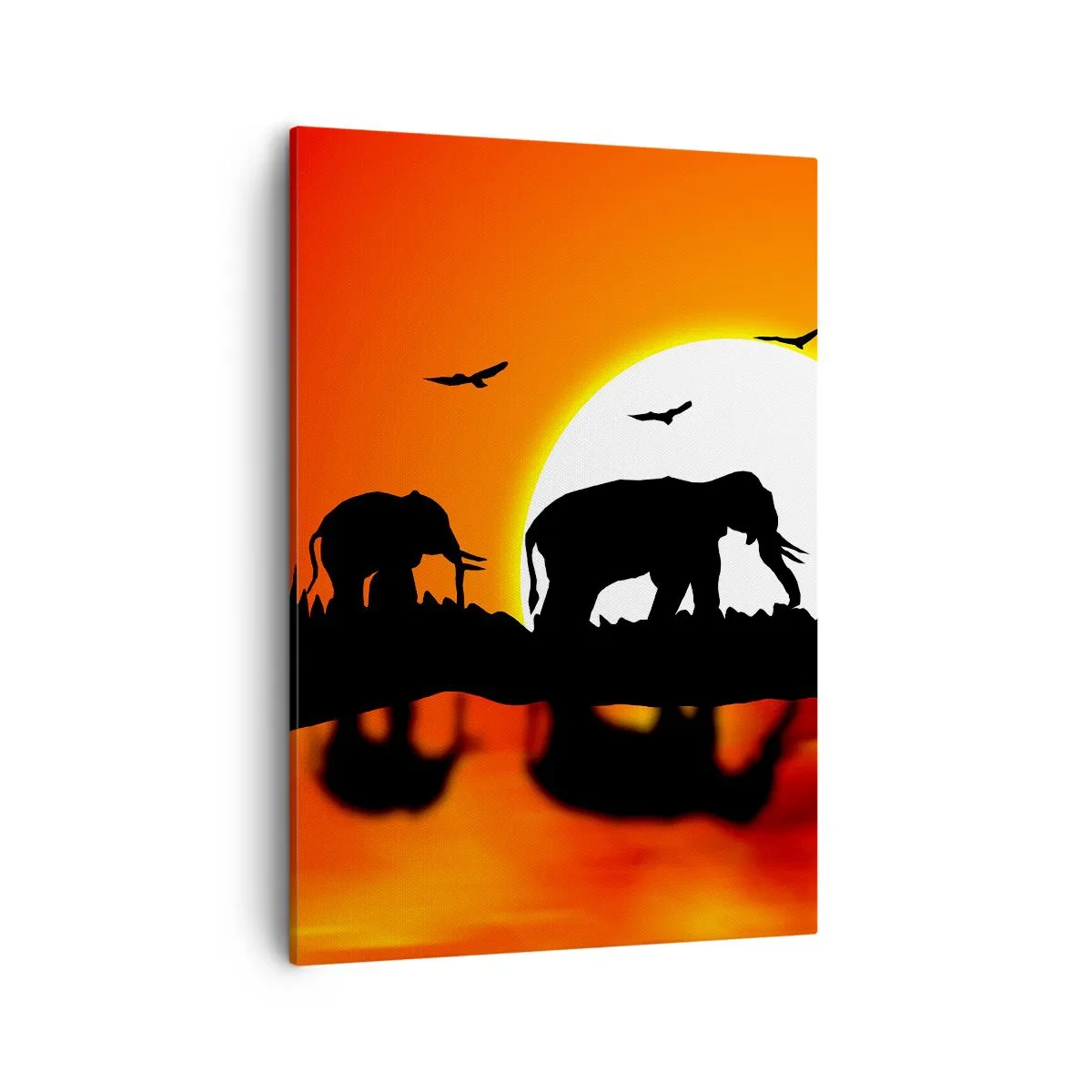 Impression sur toile - Image sur toile - Silhouettes d'éléphants au coucher du soleil sur l'eau avec reflet - 50x70cm - Et le soir pour un petit verre - Décoration murale moderne pour le salon et la chambre ARTTOR