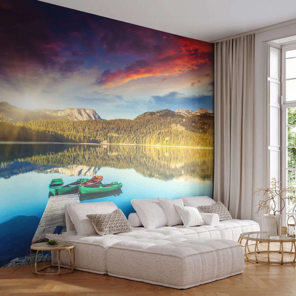 Papier Peint Photo Premium Sand - Aussi lisse qu'un miroir au-dessus de l'eau - Paysage, Montagnes, Forêt - 100x70 cm