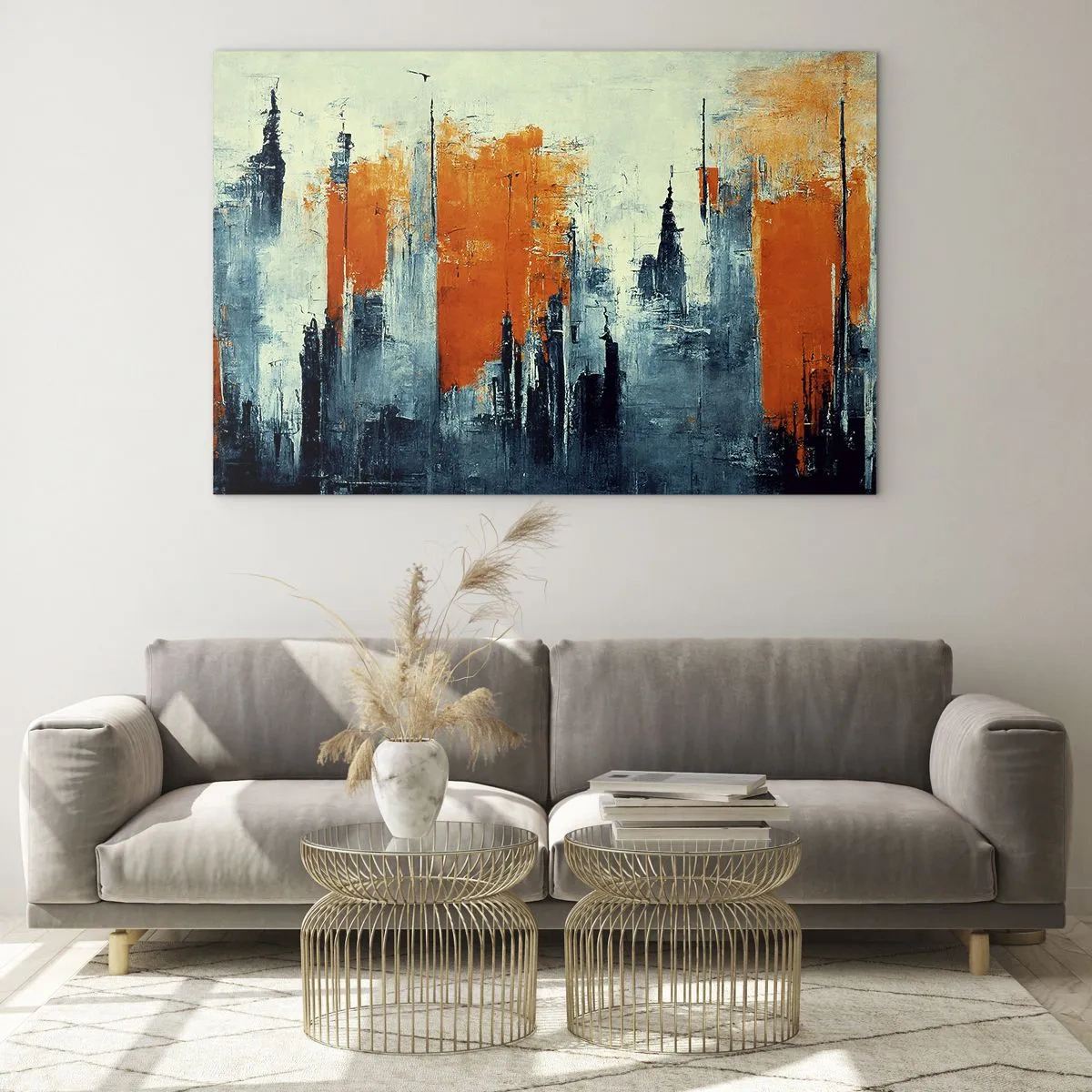 Impression sur verre - Image sur verre - Un panorama urbain moderne dans des tons de gris et d'orange - 70x50cm - Paysage moderne - Décoration murale moderne pour le salon et la chambre ARTTOR