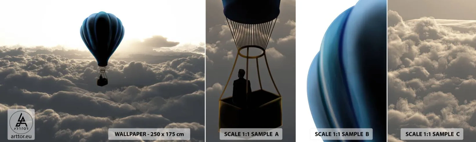 Échantillon de Papier Peint Autocollant Deluxe Sticker - Un vagabond au dessus des nuages - Paysage, Vol en montgolfière, Voyages - 100x30 cm