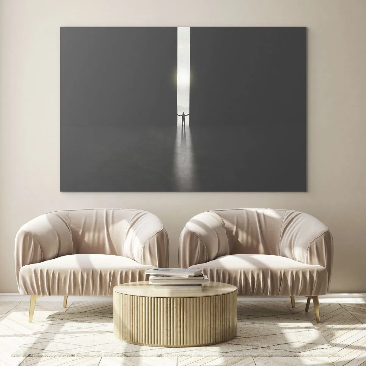 Impression sur verre - Image sur verre - Silhouette d'un homme ouvrant une porte sur une lumière vive - 70x50cm - Étape vers un avenir radieux - Décoration murale moderne pour le salon et la chambre ARTTOR