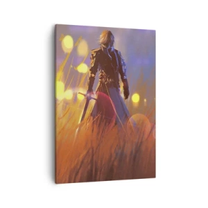 Impression sur toile - Image sur toile - La figure d'un chevalier à la lumière du soleil couchant dans un champ - 50x70cm - Chevalier errant - Décoration murale moderne pour le salon et la chambre ARTTOR