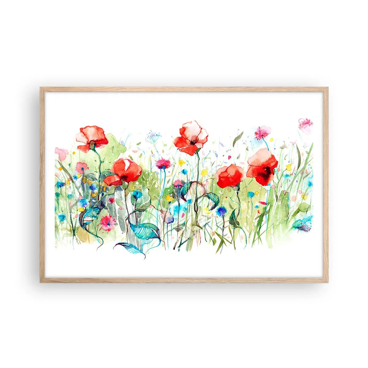 Affiche dans un chêne clair - Poster - Prairie de fleurs en mai - 91x61 cm