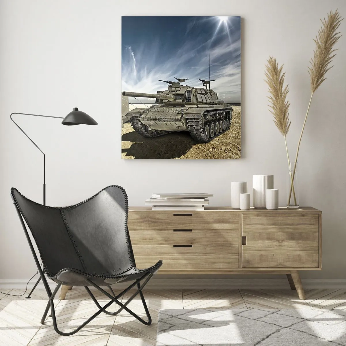 Impression sur verre - Image sur verre - Un char et une tente dans un désert sous un ciel bleu - 50x70cm - Un rêve militaire - Décoration murale moderne pour le salon et la chambre ARTTOR