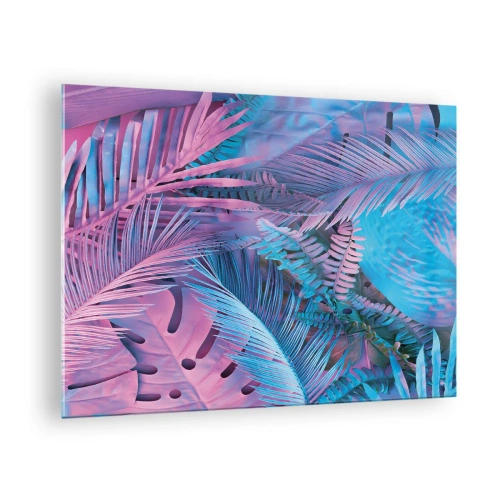 Impression sur verre - Image sur verre - Feuilles tropicales dans des tons de rose et de bleu sur un fond néon - 70x50cm - Les tropiques en rose et bleu - Décoration murale moderne pour le salon et la chambre ARTTOR