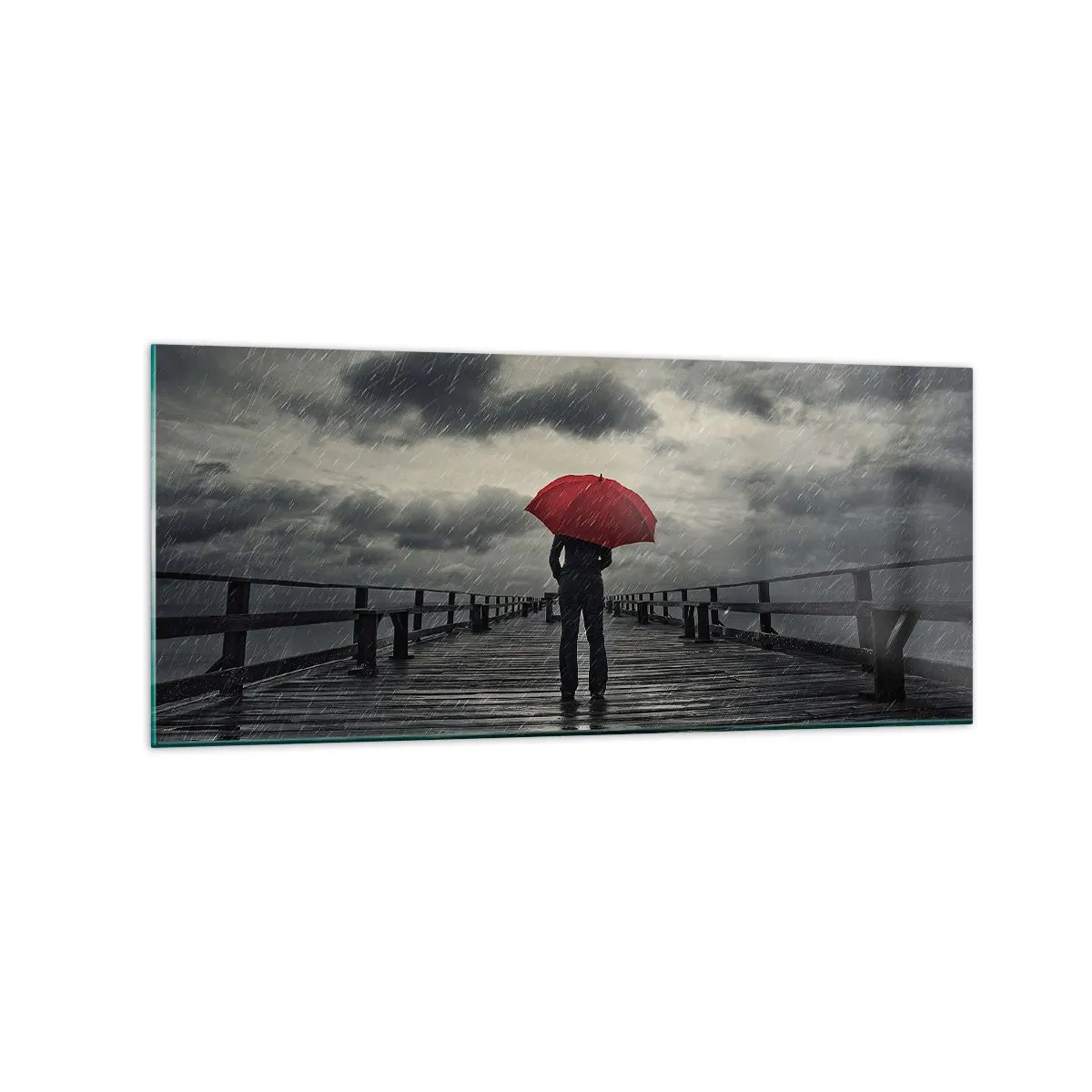 Impression sur verre - Image sur verre - Une personne avec un parapluie rouge sur une jetée pluvieuse - 120x50cm - Peu importe qu'il pleuve - Décoration murale moderne pour le salon et la chambre ARTTOR