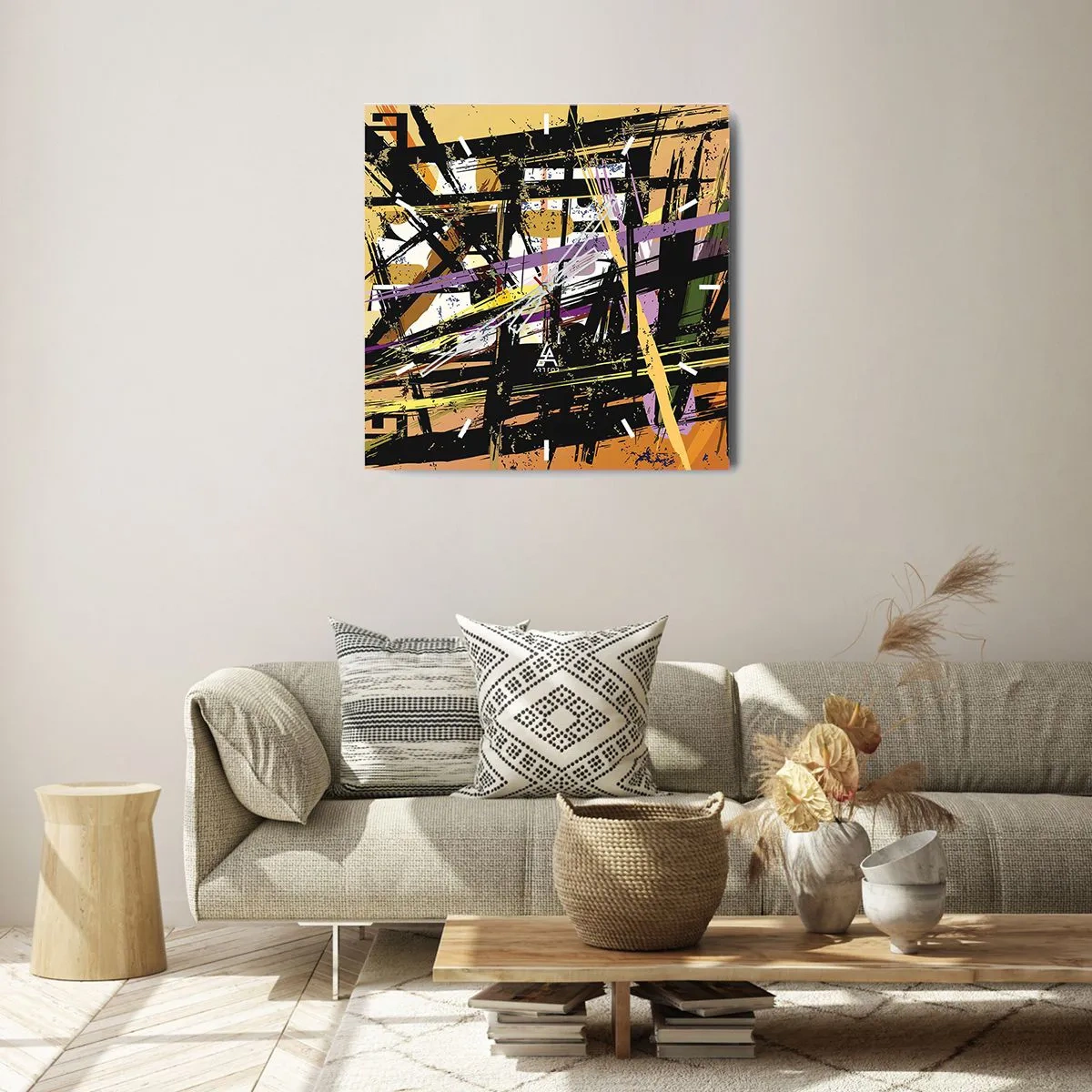 Horloge murale - Pendule murale - Lignes et formes abstraites sur fond beige - 30x30cm - Une coupe nette - Décoration murale moderne pour le salon et la chambre ARTTOR