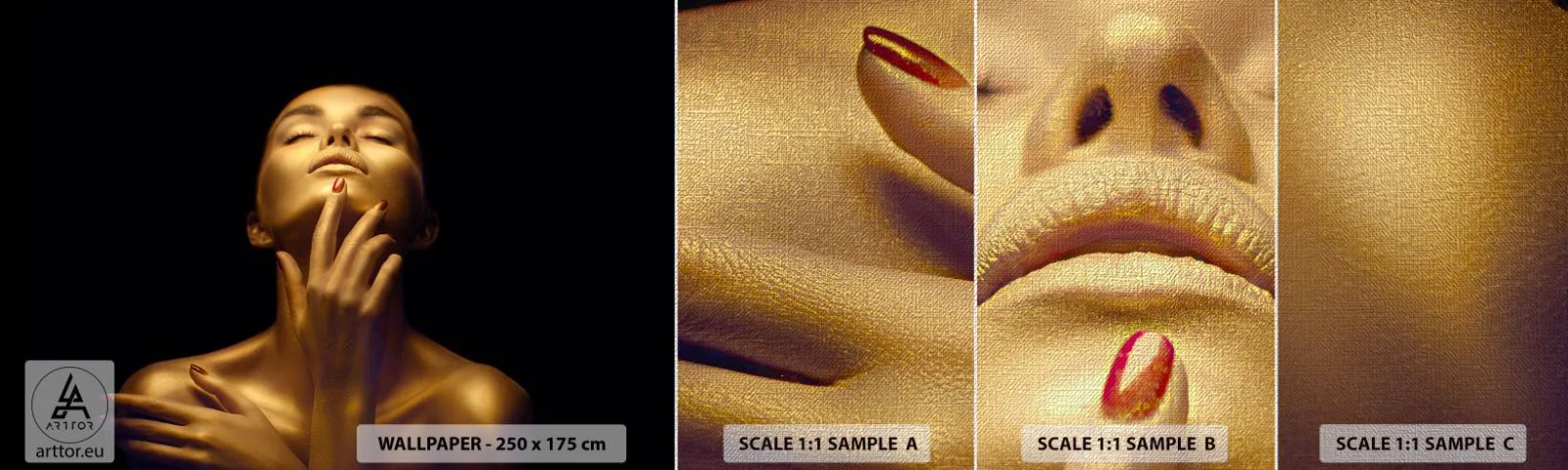 Échantillon de Papier Peint Premium Canvas - Comme de la soie dorée - Femme, Visage de femme, Corps - 100x30 cm