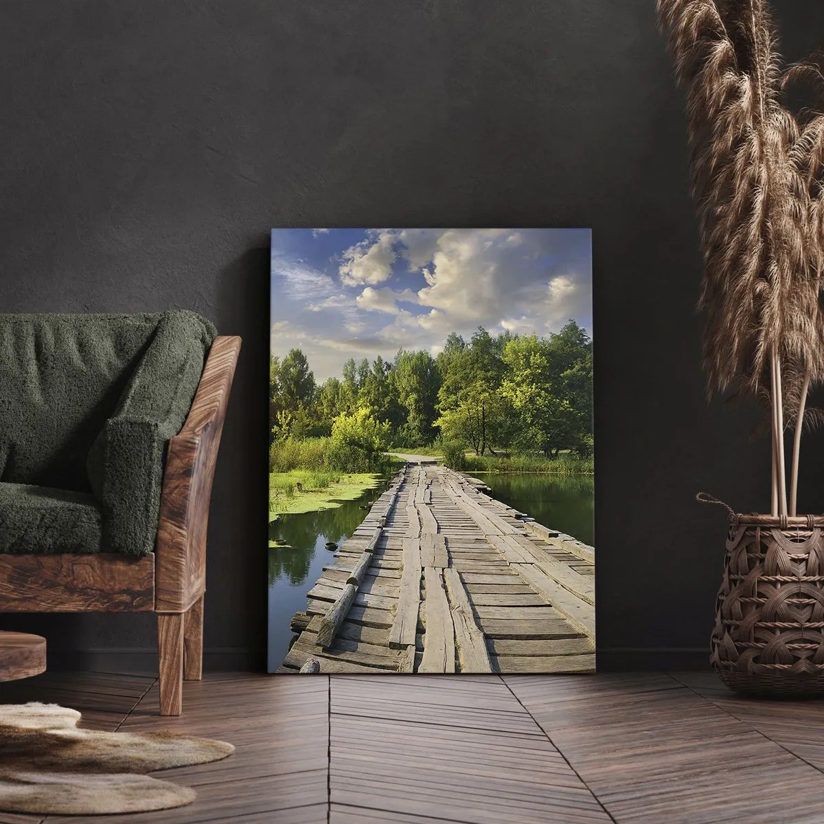 Impression sur toile - Image sur toile - Un paysage pittoresque avec un pont et un cygne - 80x120cm - L'été, l'été partout - Décoration murale moderne pour le salon et la chambre ARTTOR