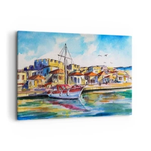 Impression sur toile - Image sur toile - Un port pittoresque avec un bateau et des bâtiments colorés - 120x80cm - Après-midi arc-en-ciel - Décoration murale moderne pour le salon et la chambre ARTTOR