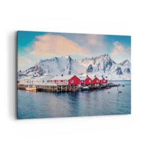 Impression sur toile - Image sur toile - Maisons rouges sur fond de montagnes enneigées et de mer bleue - 120x80cm - Retraite dans le nord - Décoration murale moderne pour le salon et la chambre ARTTOR