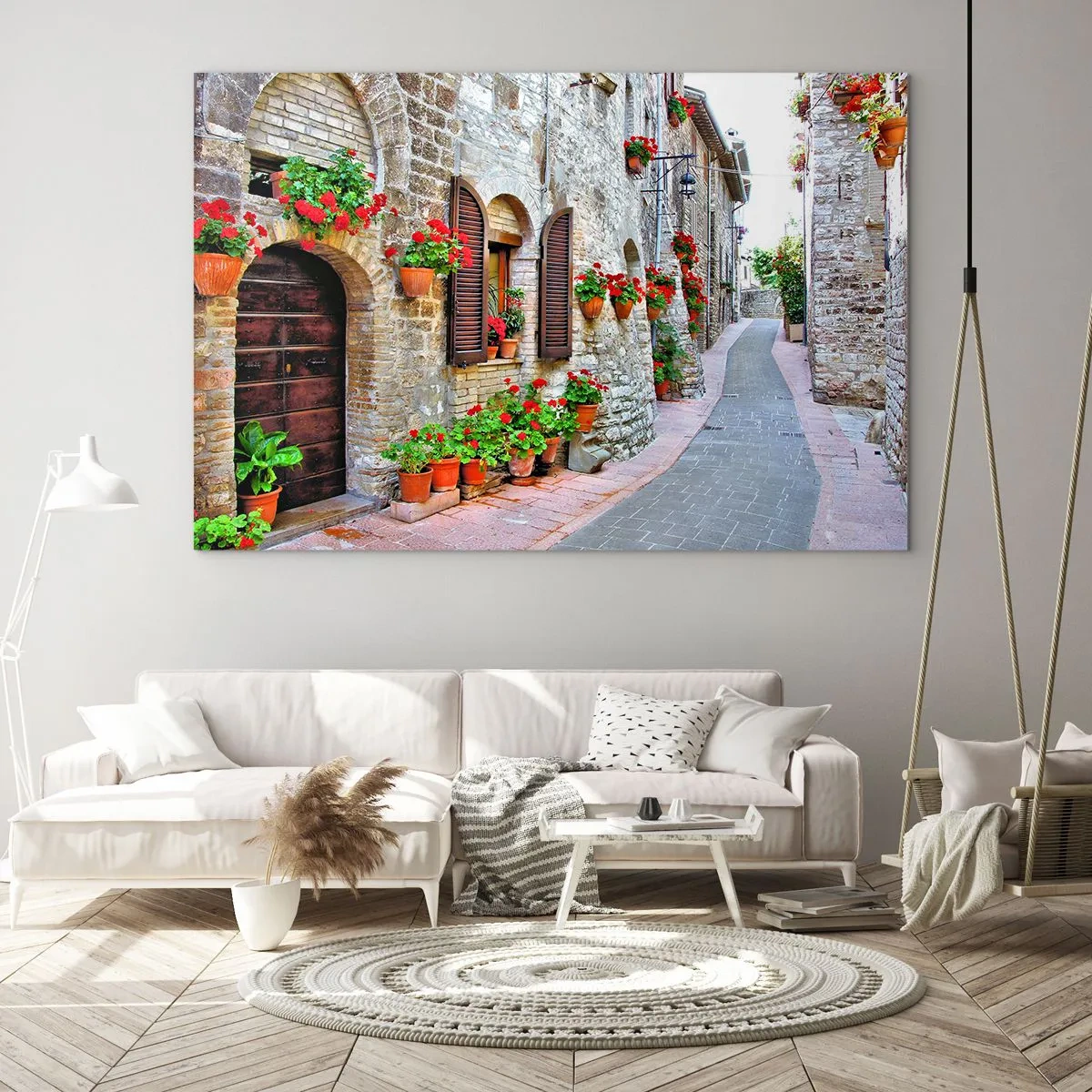 Impression sur verre - Image sur verre - Une rue pittoresque avec des murs de pierre et des fleurs rouges - 70x50cm - Ambiance italienne - Décoration murale moderne pour le salon et la chambre ARTTOR