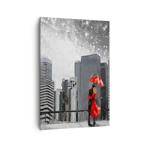 Impression sur toile - Image sur toile - Un couple en rouge avec un parapluie sur fond de paysage urbain - 70x100cm - L'homme n'est pas une pierre - Décoration murale moderne pour le salon et la chambre ARTTOR