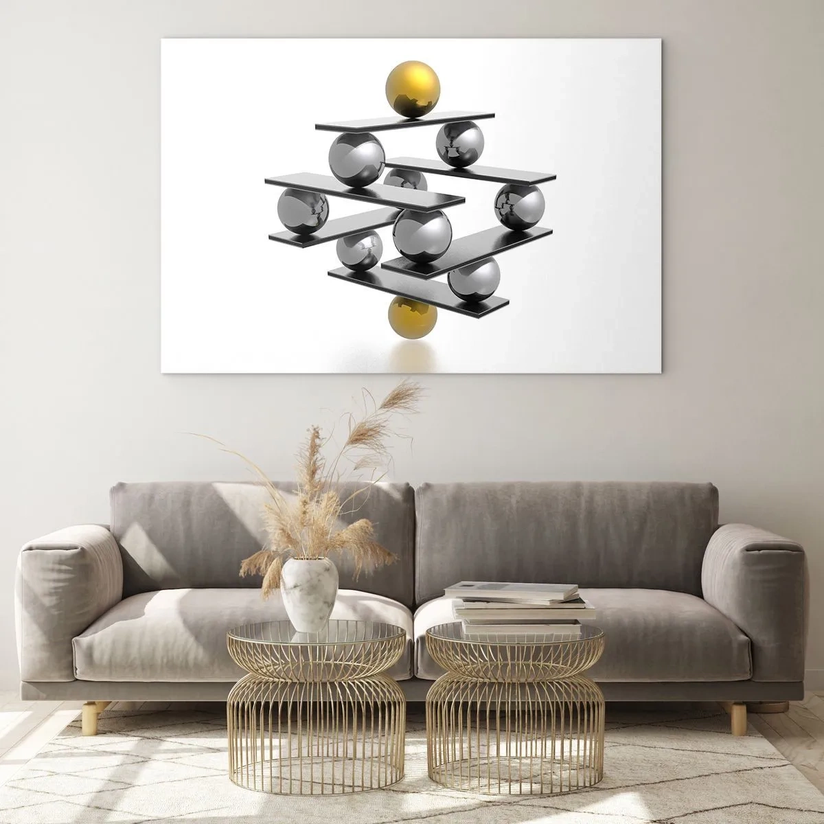 Impression sur verre - Image sur verre - Composition géométrique avec des boules et des plateformes sur fond blanc - 70x50cm - Balance d'or et d'argent - Décoration murale moderne pour le salon et la chambre ARTTOR
