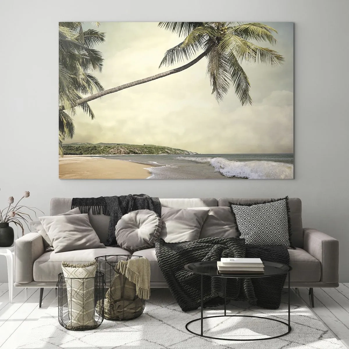 Impression sur verre - Image sur verre - Plage tropicale avec palmiers et vagues - 100x70cm - Rêve tropical - Décoration murale moderne pour le salon et la chambre ARTTOR
