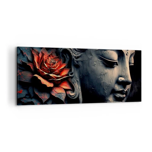 Impression sur toile - Image sur toile - Sculpture de Bouddha avec une fleur de lotus rouge - 120x50cm - En harmonie avec le monde - Décoration murale moderne pour le salon et la chambre ARTTOR