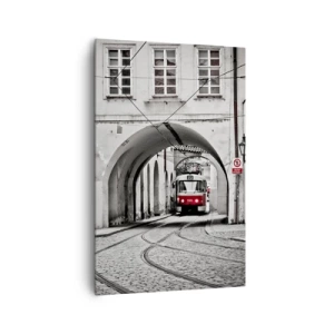Impression sur toile - Image sur toile - Un tramway noir et blanc dans une rue historique de la ville - 80x120cm - Dans le labyrinthe de la ville - Décoration murale moderne pour le salon et la chambre ARTTOR