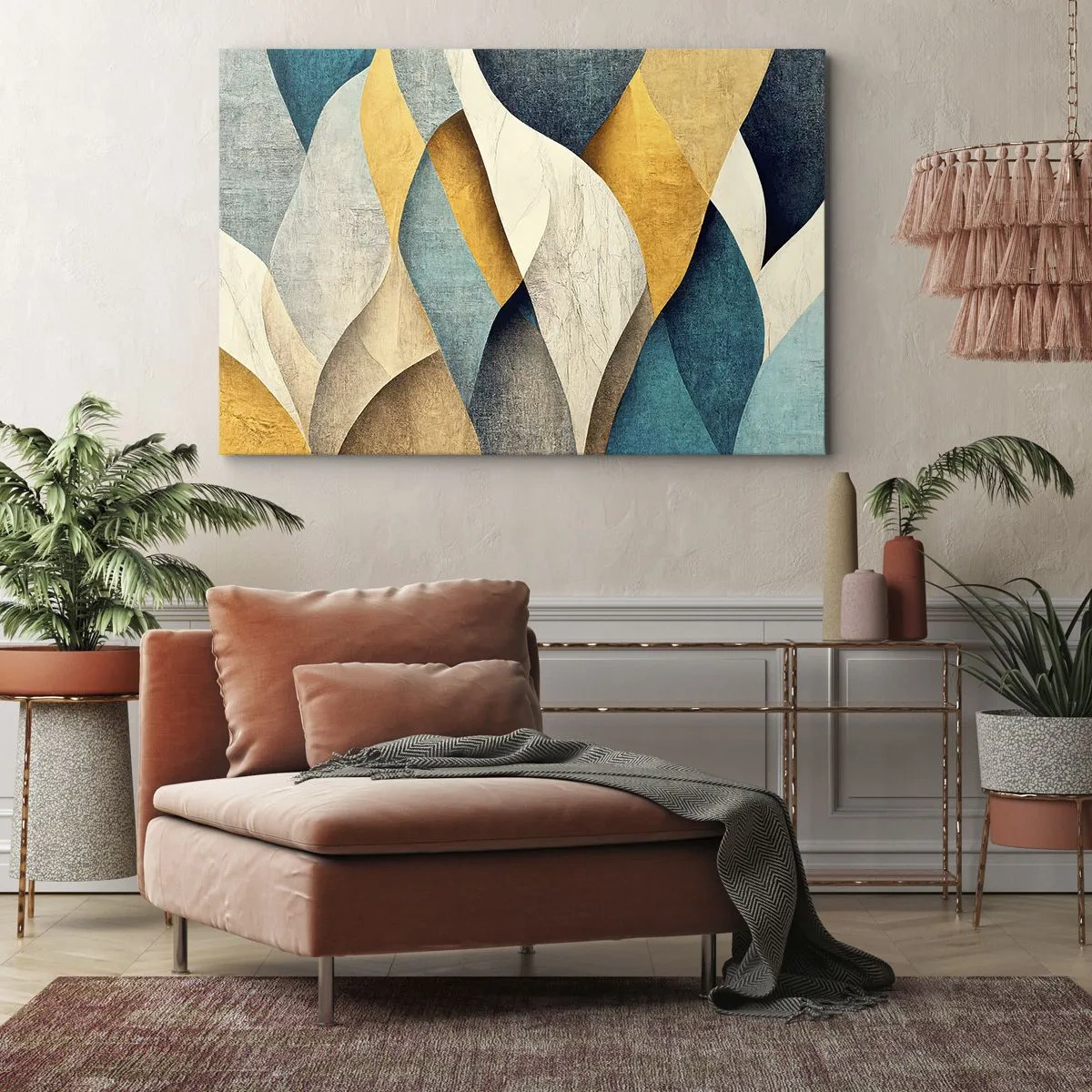 Impression sur toile - Image sur toile - Vagues abstraites dans des tons de bleu et d'or - 70x50cm - Rythme et vague - Décoration murale moderne pour le salon et la chambre ARTTOR
