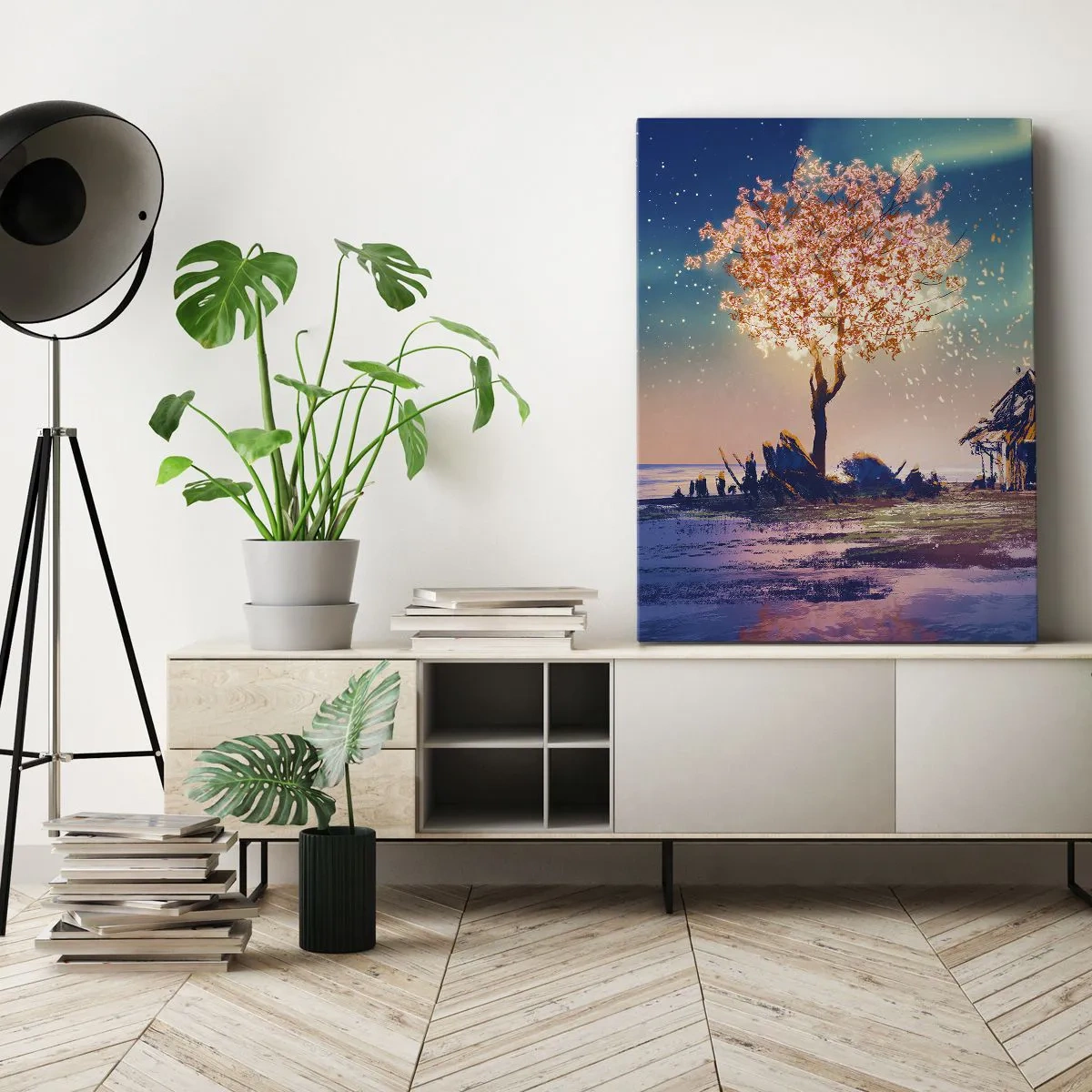 Impression sur toile - Image sur toile - Une maison et un arbre en fleurs sous le ciel nocturne - 50x70cm - La nature ne passe pas - Décoration murale moderne pour le salon et la chambre ARTTOR