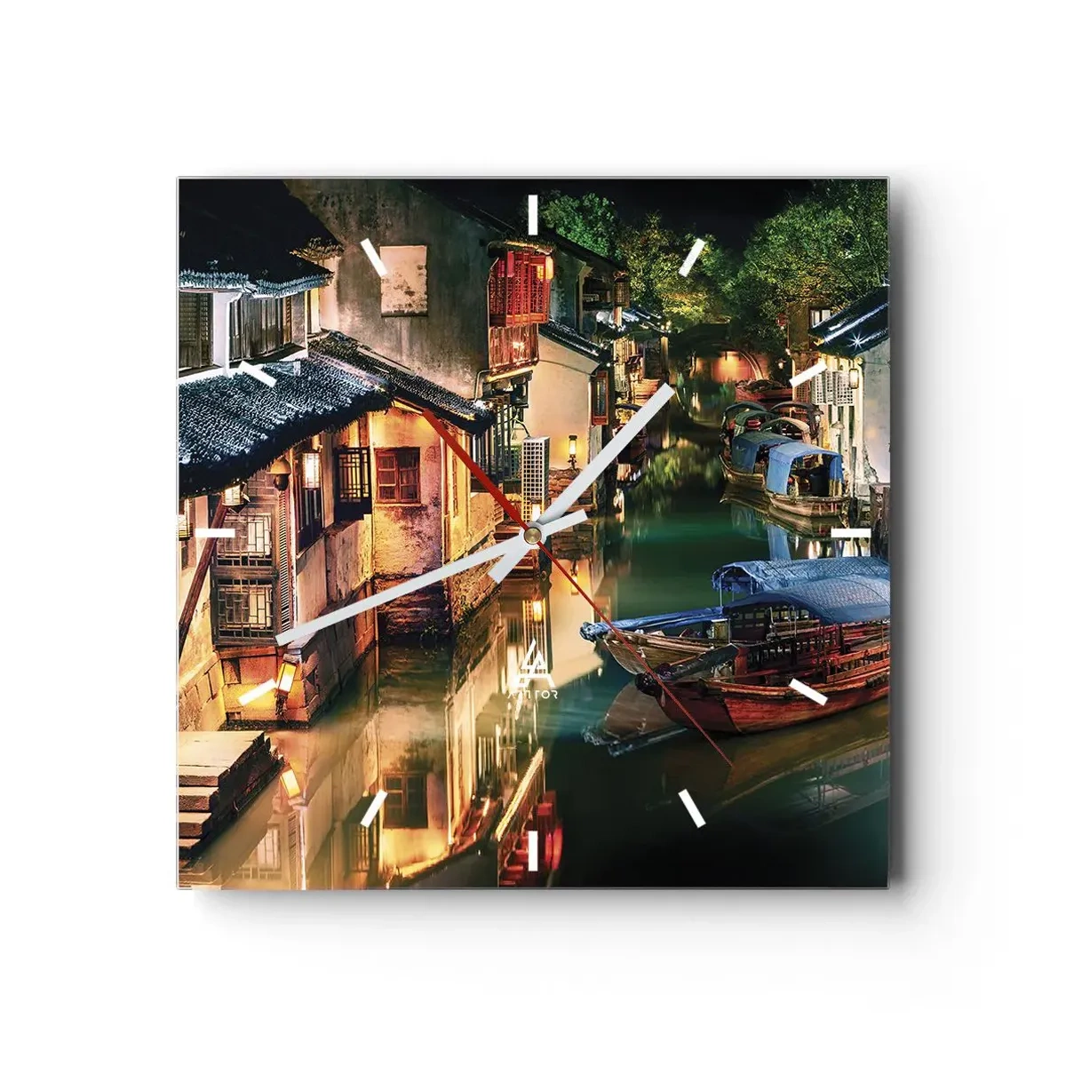 Horloge murale - Pendule murale - Vue nocturne des canaux avec bateaux et maisons traditionnels - 30x30cm - Soirée dans une rue chinoise - Décoration murale moderne pour le salon et la chambre ARTTOR