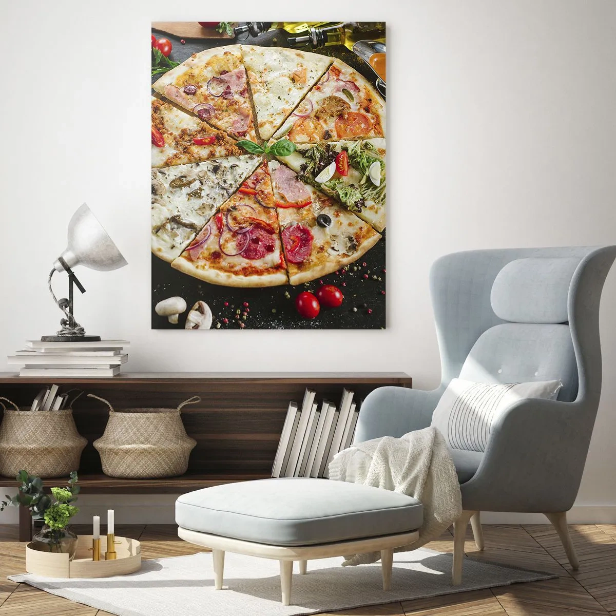Impression sur verre - Image sur verre - Pizza aux saveurs variées avec un fond de garnitures - 80x120cm - Une gamme de saveurs - Décoration murale moderne pour le salon et la chambre ARTTOR