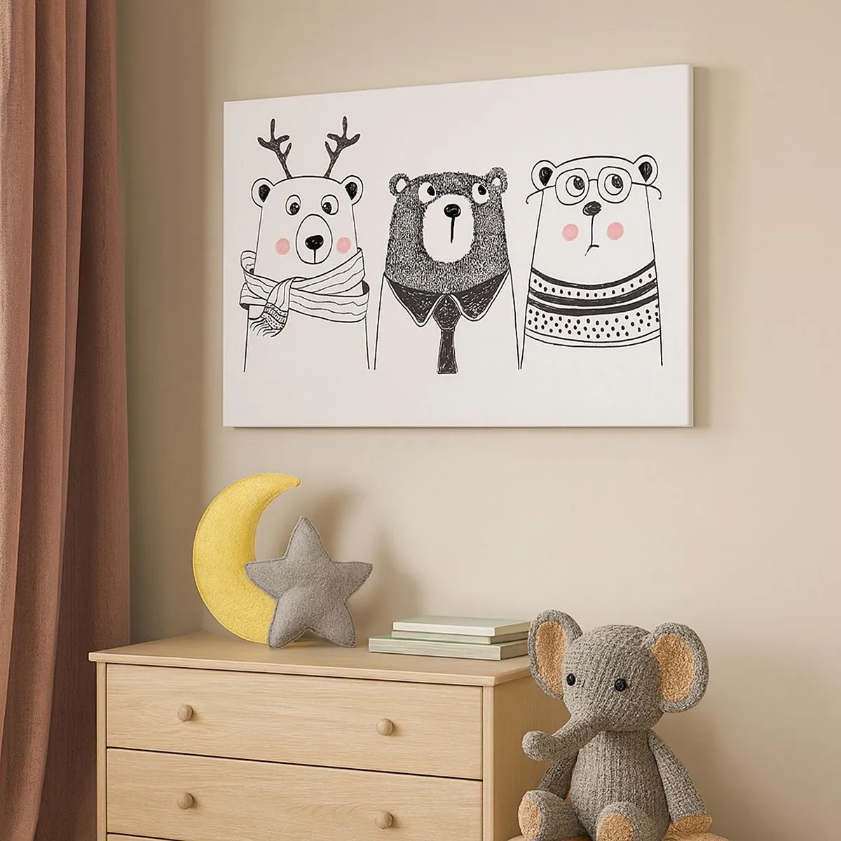 Impression sur toile - Image sur toile - Trois ours rigolos dans un style minimaliste - 70x50cm - Ours en peluche, petit ours en peluche et doudou - Décoration murale moderne pour le salon et la chambre ARTTOR