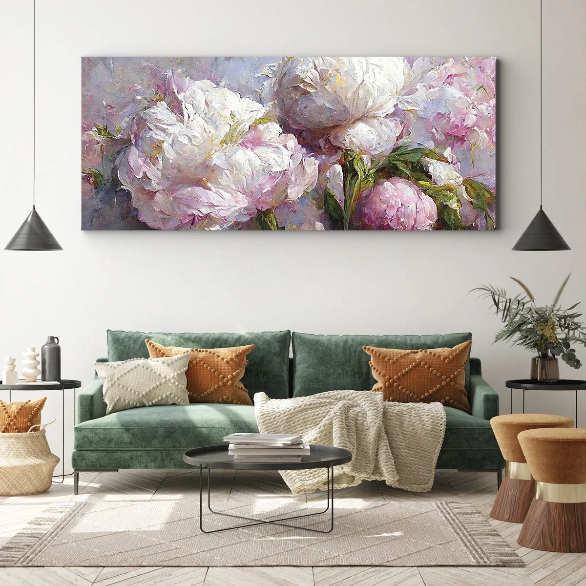 Impression sur toile - Image sur toile - Fleurs de pivoine romantiques aux couleurs pastel - 120x50cm - Un bouquet plein de vie - Décoration murale moderne pour le salon et la chambre ARTTOR