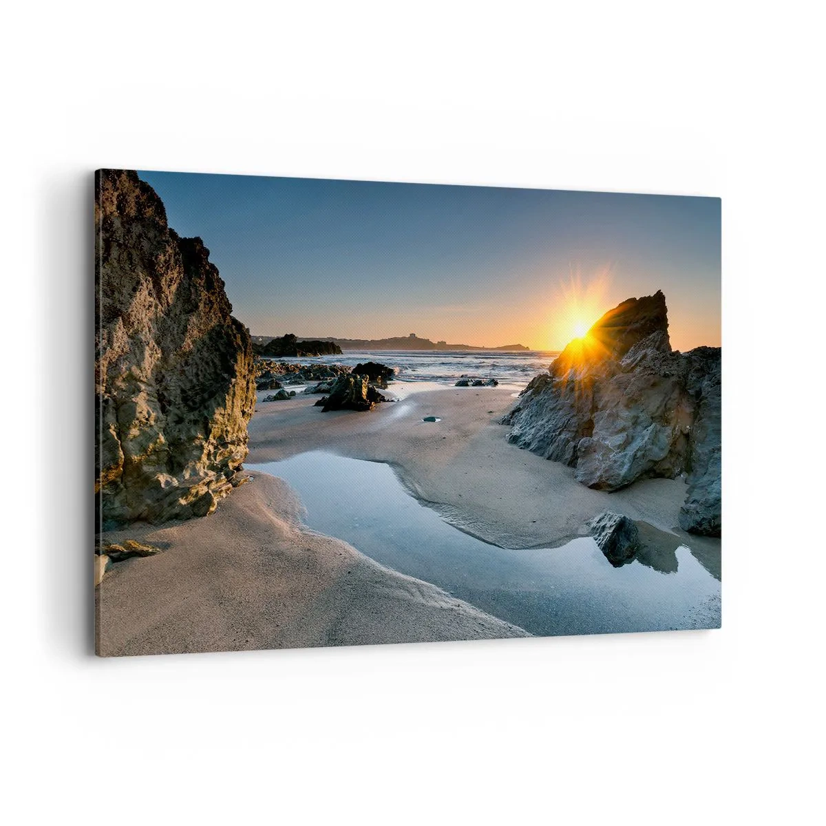 Impression sur toile - Image sur toile - Coucher de soleil pittoresque sur une plage rocheuse - 120x80cm - Intouché par la main de l'homme - Décoration murale moderne pour le salon et la chambre ARTTOR