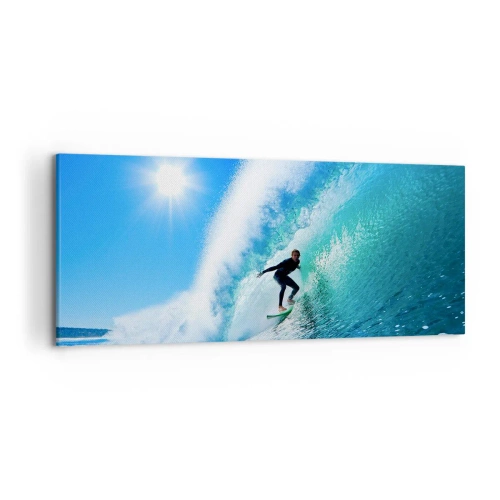 Impression sur toile - Image sur toile - Un surfeur sur une planche chevauche une vague puissante sous un ciel bleu. - 120x50cm - A travers le grand ciel bleu - Décoration murale moderne pour le salon et la chambre ARTTOR
