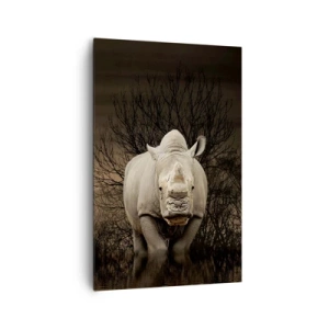 Impression sur toile - Image sur toile - Rhinocéros parmi les arbres au coucher du soleil, nature sauvage. - 80x120cm - Blanc contre nature - Décoration murale moderne pour le salon et la chambre ARTTOR