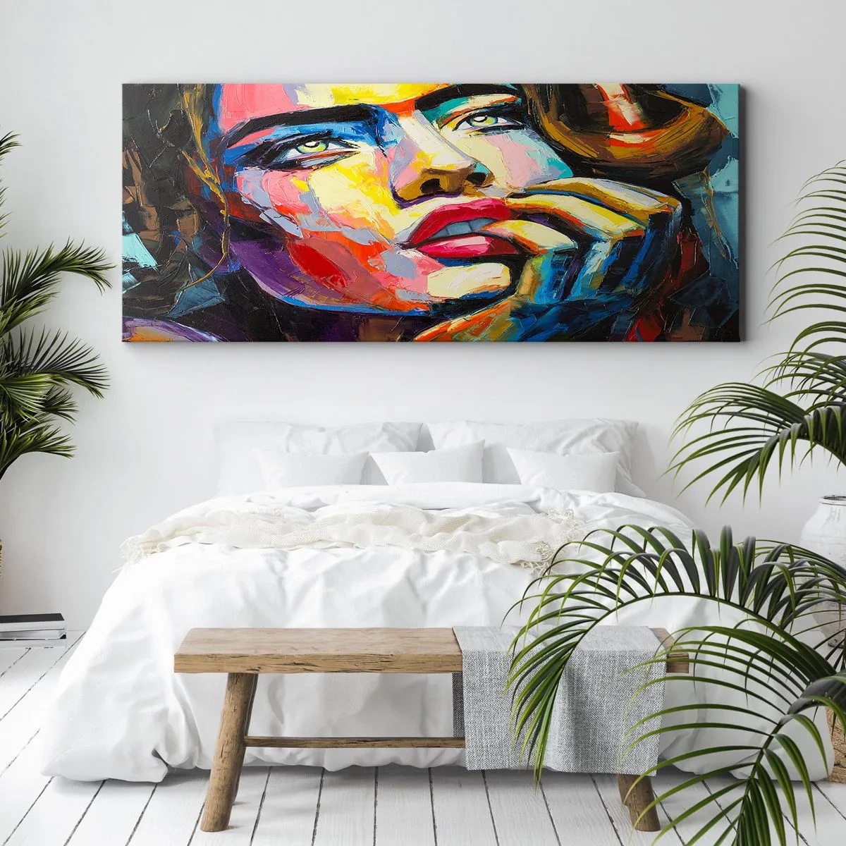 Impression sur toile - Image sur toile - Portrait coloré d'une femme dans le style expressionniste - 140x50cm - Les rêves volent dans le ciel comme des oiseaux - Décoration murale moderne pour le salon et la chambre ARTTOR