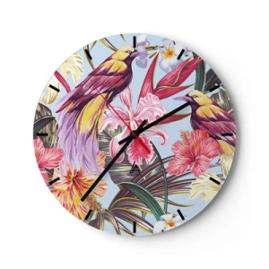 Horloge murale - Pendule murale - Oiseaux colorés parmi les fleurs et les feuilles tropicales - 30x30cm - Pétales et plumes - Décoration murale moderne pour le salon, la cuisine et la chambre ARTTOR