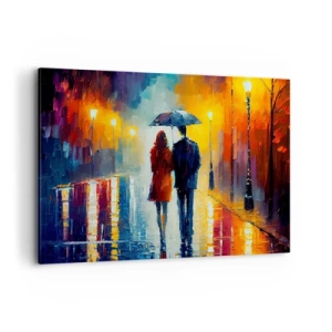 Impression sur toile - Image sur toile - Un couple sous un parapluie se promenant dans une ville nocturne colorée - 100x70cm - Ensemble – une nuit colorée - Décoration murale moderne pour le salon et la chambre ARTTOR