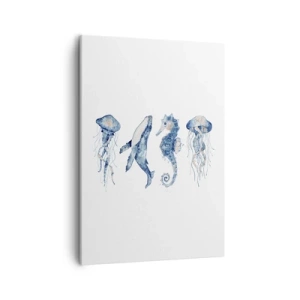 Impression sur toile - Image sur toile - Méduse, baleine et hippocampe dans un style aquarelle - 50x70cm - Merveilles de la mer - Décoration murale moderne pour le salon et la chambre ARTTOR