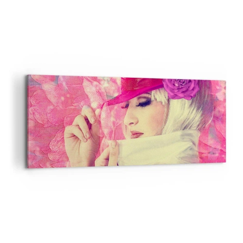 Impression sur toile - Image sur toile - Femme élégante avec un chapeau rose avec une fleur - 120x50cm - Portrait rétro dans une brume rose - Décoration murale moderne pour le salon et la chambre ARTTOR
