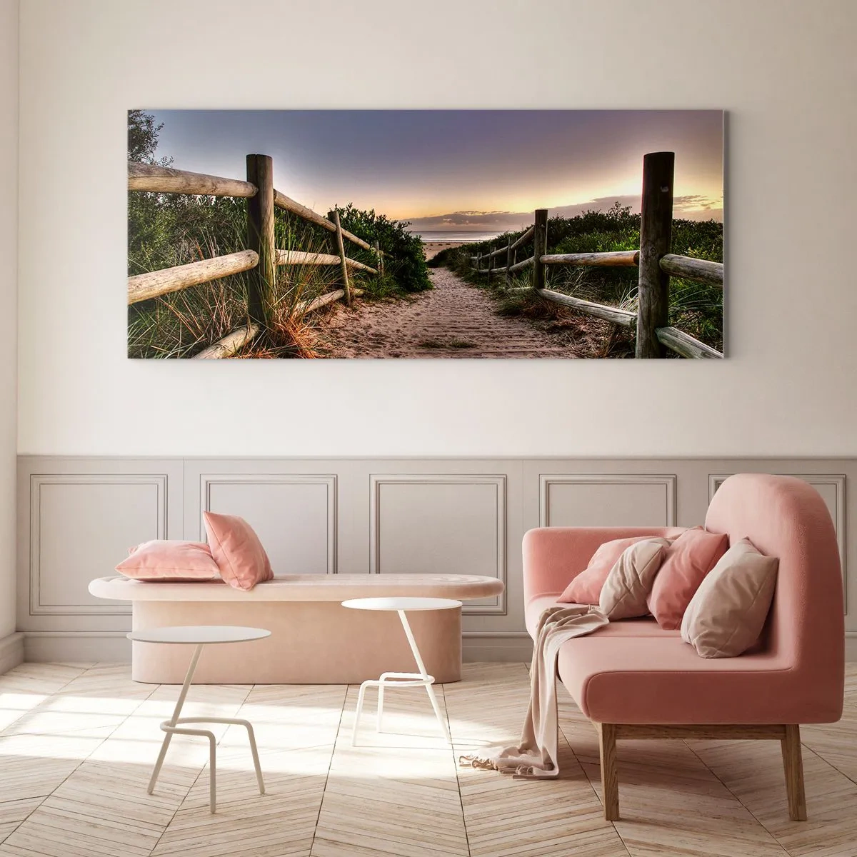 Impression sur verre - Image sur verre - Chemin en bois dans les dunes menant à la plage au coucher du soleil - 140x50cm - On voit déjà le but - Décoration murale moderne pour le salon et la chambre ARTTOR