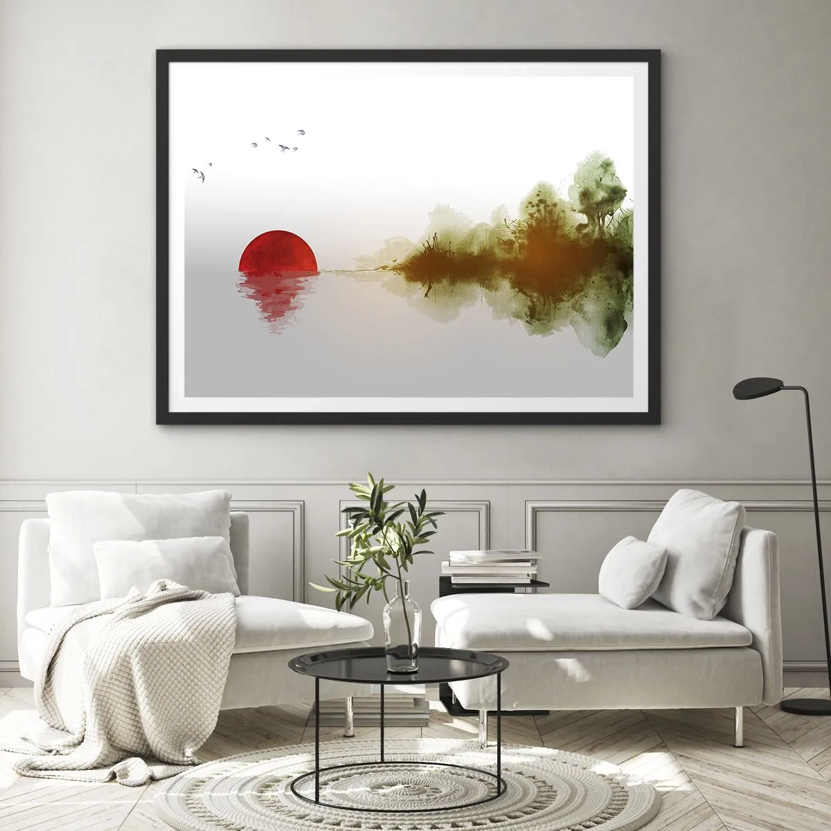 Affiche dans un cadre noir - Poster - Coucher de soleil abstrait sur un lac avec reflet - 70x50cm - Une promesse de paix - Décoration murale moderne pour le salon et la chambre ARTTOR
