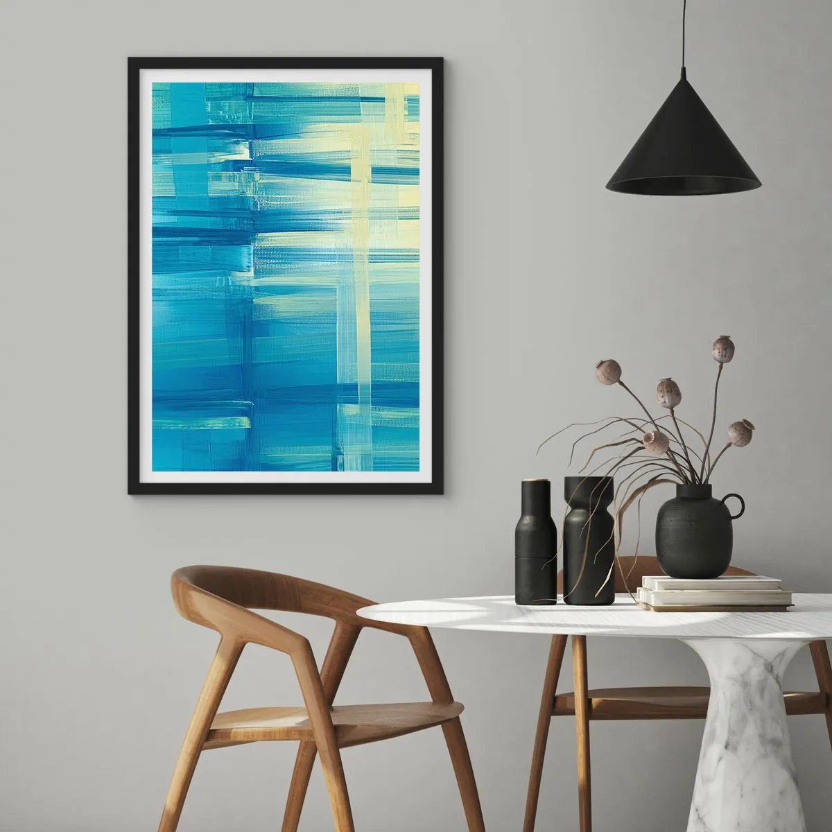 Affiche dans un cadre noir - Poster - Composition abstraite dans les tons de bleu et de jaune - 50x70cm - Composition en turquoise - Décoration murale moderne pour le salon et la chambre ARTTOR
