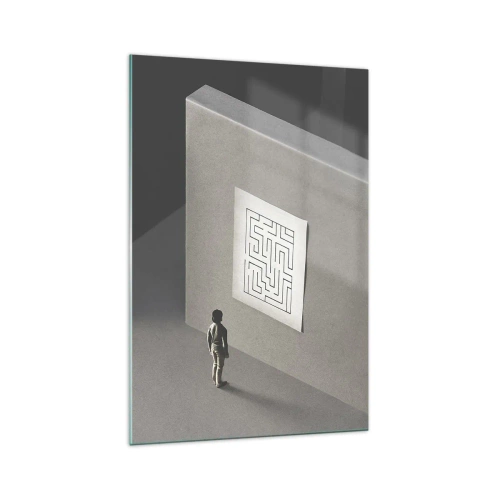 Impression sur verre - Image sur verre - Une figure dans un labyrinthe regardant une carte suspendue - 70x100cm - Mais où suis-je? - Décoration murale moderne pour le salon et la chambre ARTTOR