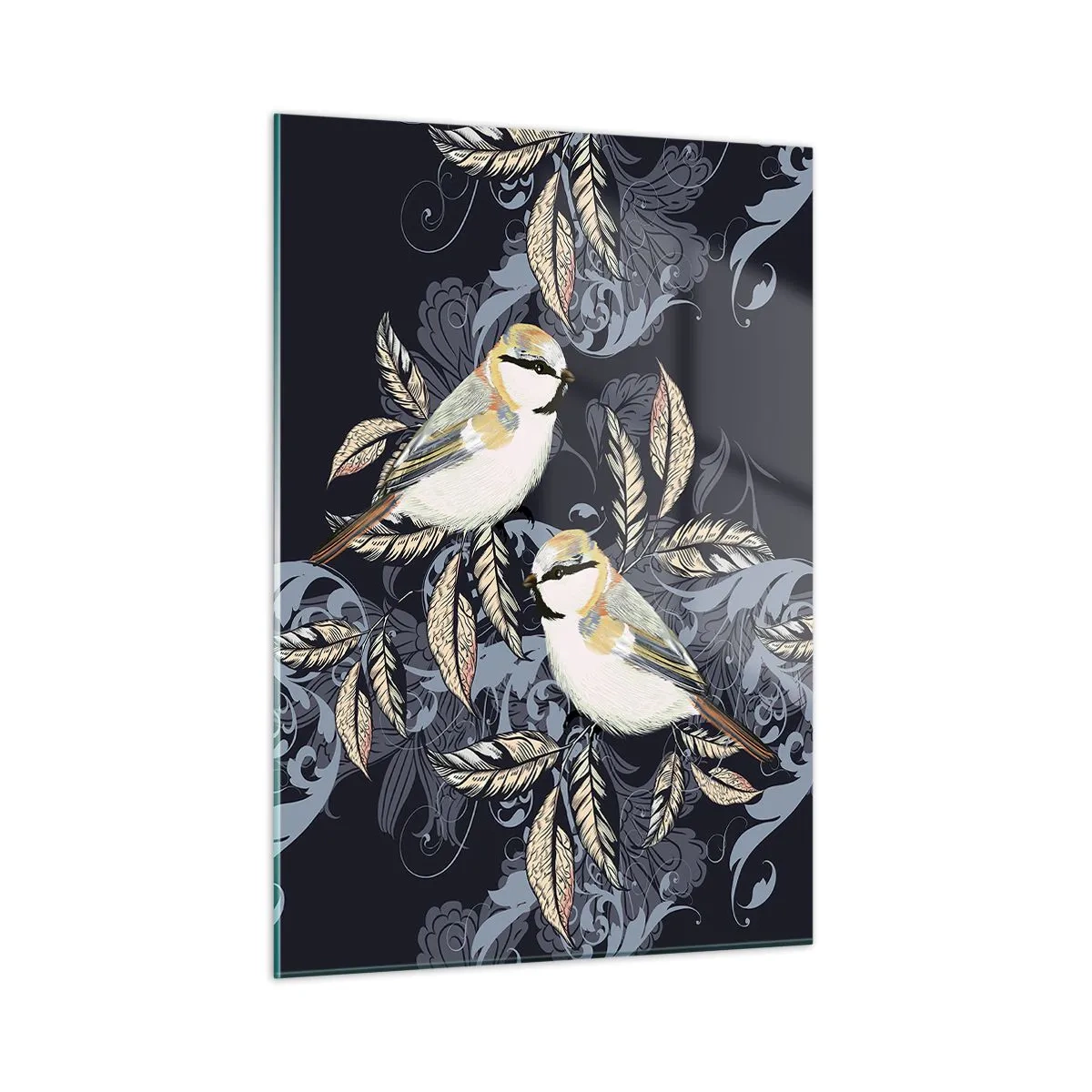 Impression sur verre - Image sur verre - Illustration de deux oiseaux sur un fond sombre avec des ornements - 50x70cm - Babillement jaune et bleu - Décoration murale moderne pour le salon et la chambre ARTTOR