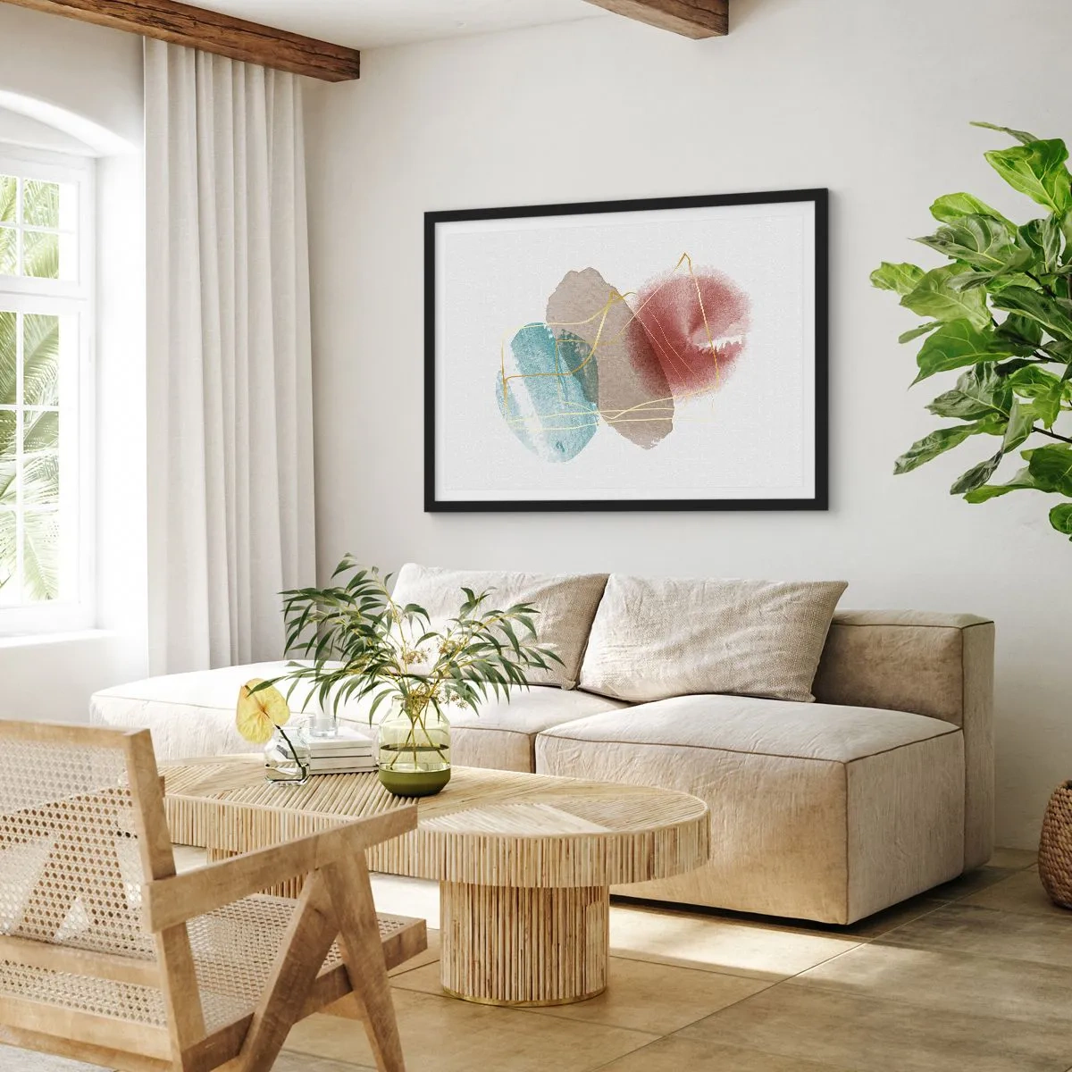 Affiche dans un cadre noir - Poster - Formes abstraites aux couleurs délicates et aux lignes dorées - 100x70cm - Coraux de l'espace - Décoration murale moderne pour le salon et la chambre ARTTOR