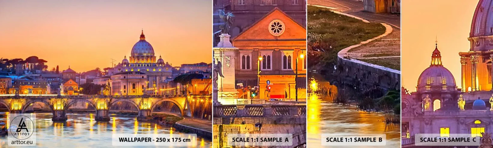 Échantillon de Papier Peint Autocollant Deluxe Sticker - Coucher de soleil sur la ville éternelle - Ville, Rome, Architecture - 100x30 cm