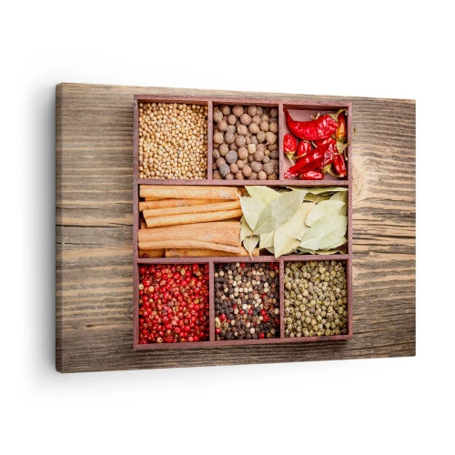 Impression sur toile - Image sur toile - Boîte en bois avec diverses épices dans des compartiments - 70x50cm - Ordre des formes, bouquet d'arômes - Décoration murale moderne pour le salon et la chambre ARTTOR